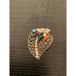 Vintage Coro Leaf-Shaped Filigree Brooch With Faux Pearls & Multi-Colored Beads